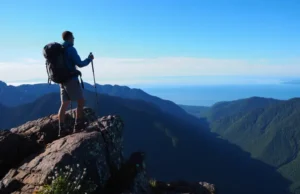 Hiking Olympic NP: Trails for Dedicated Hikers A dedicated hiker with a backpack and poles stands on a rugged mountain ridge looking out over the vast and challenging landscape of Olympic National Park.