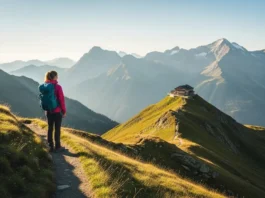 A hiker on a high alpine trail looks towards a classic Swiss mountain hut nestled on a ridge, with the dramatic peaks of the Swiss Alps illuminated by the golden hour sun.