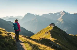 Hut-to-Hut Switzerland: A Complete Field Guide A hiker on a high alpine trail looks towards a classic Swiss mountain hut nestled on a ridge, with the dramatic peaks of the Swiss Alps illuminated by the golden hour sun.