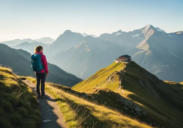 A hiker on a high alpine trail looks towards a classic Swiss mountain hut nestled on a ridge, with the dramatic peaks of the Swiss Alps illuminated by the golden hour sun.