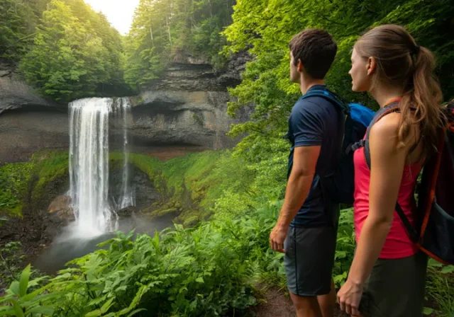 Wide view of the two-tiered Kaaterskill Falls in the Catskills, with two hikers on the viewing platform enjoying the scenic landscape.
