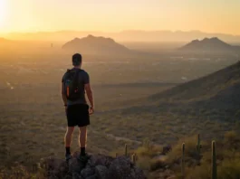 A dedicated hiker overlooks the best hiking places in Phoenix, with Camelback Mountain visible at sunset.