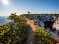 Sam’s Point Ice Cave: Hike, Falls & Views Guide A panoramic view of the Sam's Point Ice Cave trail leading to a dramatic overlook with the Shawangunk Mountains and Hudson Valley in the background.