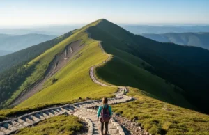 The Future of Hiking: How Better Trail Design Saves Parks A hiker on a beautifully designed mountain trail with stone steps, looking over a valley at sunrise, illustrating the future of hiking and how better trail design saves parks.