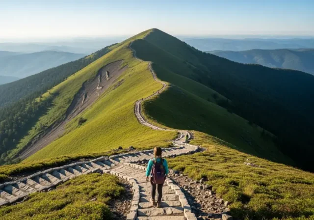 A hiker on a beautifully designed mountain trail with stone steps, looking over a valley at sunrise, illustrating the future of hiking and how better trail design saves parks.