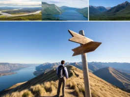 A hiker stands at a crossroads, choosing between three paths leading to the distinct landscapes of the Storm King Mountain hikes in NY, WA, and CO.