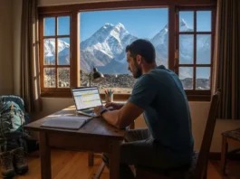 A trekker sits at a desk planning a trip budget on a laptop, with a stunning view of the Himalayan mountains visible through a window behind them.