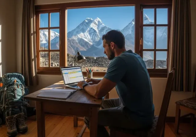 A trekker sits at a desk planning a trip budget on a laptop, with a stunning view of the Himalayan mountains visible through a window behind them.