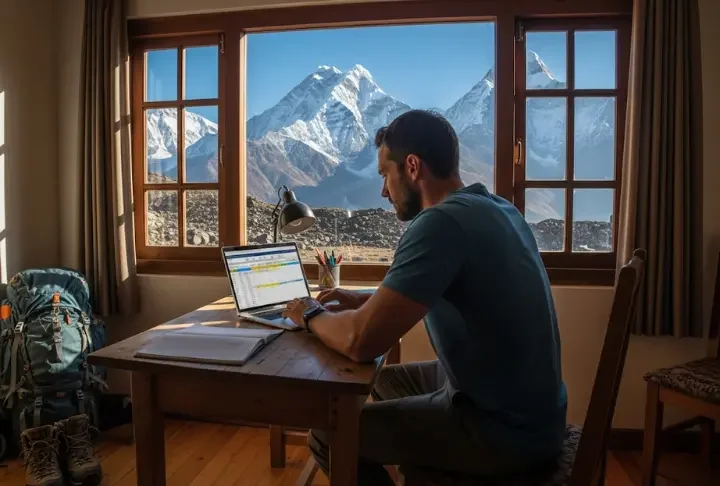 A trekker sits at a desk planning a trip budget on a laptop, with a stunning view of the Himalayan mountains visible through a window behind them.