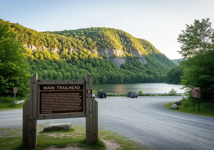 The trailhead and parking lot at Giuffrida Park, with Crescent Lake and a mountain ridge in the background, illustrating planning a visit.