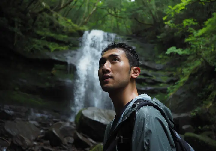 A hiker stands in a lush forest, looking up in awe at the geological rock layers of a powerful waterfall.