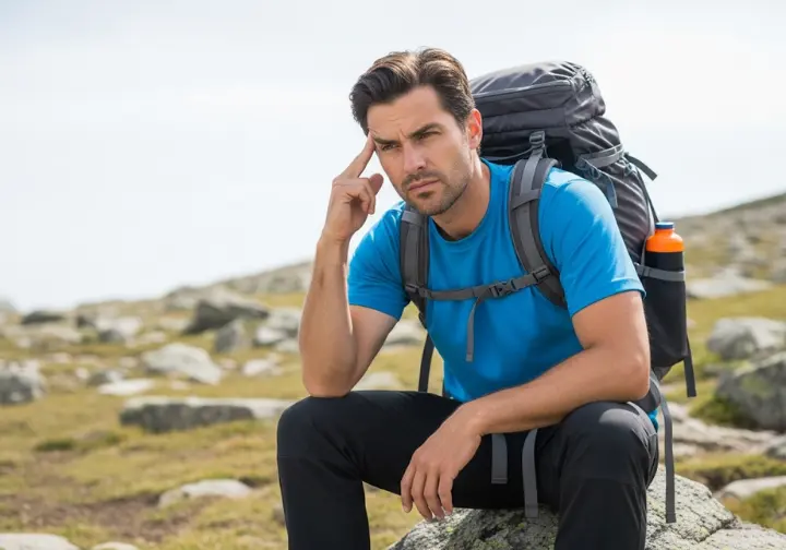 A hiker rests on a rock with his hand to his head, showing a common first sign of altitude sickness and its various forms.