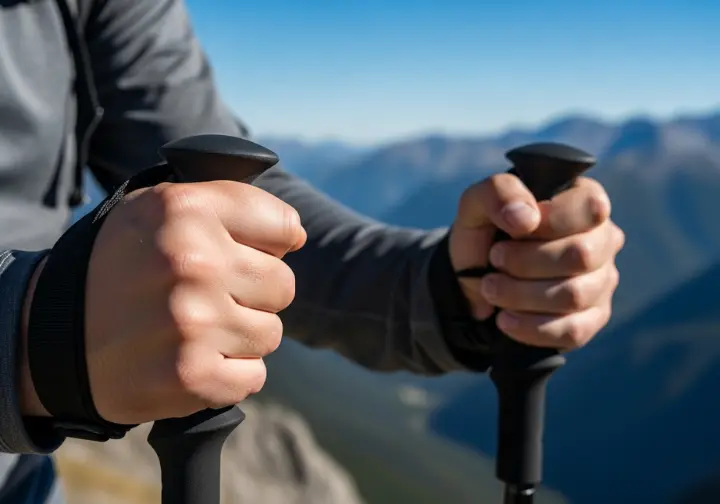 A close-up on a hiker's tense, white-knuckled hands gripping trekking poles, with a beautiful mountain landscape blurred in the background, symbolizing the internal battle of conquering the mind on the trail.