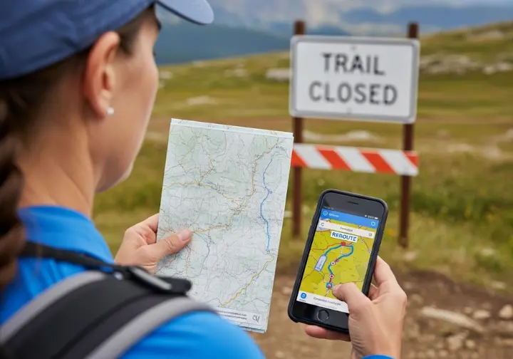 A hiker calmly consults a topographic map and a GPS app on their phone to find an alternate route after encountering a trail closure.