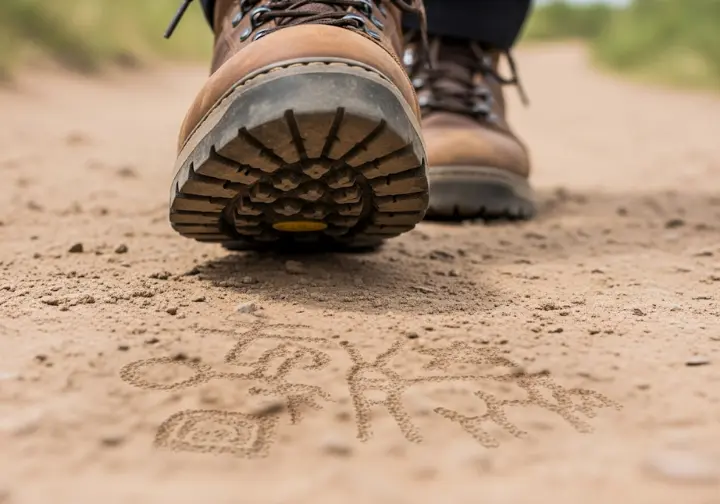 A close-up of a hiking boot on a trail, with the faint image of a petroglyph beneath it, symbolizing the essential need to understand the deep park history underfoot.