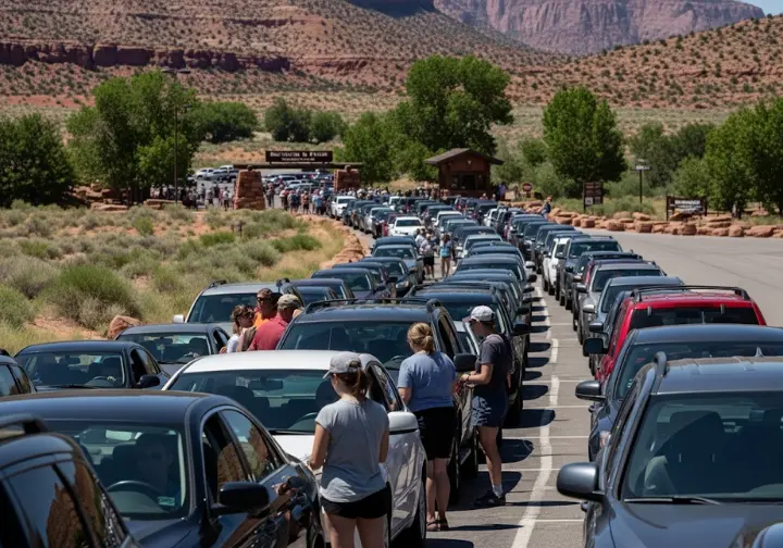 A long line of cars waits under the hot sun to enter a national park, demonstrating the universal problem of overcrowding that necessitates reservation systems.