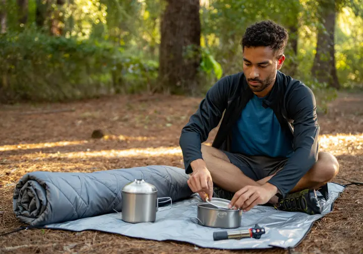A hiker thoughtfully lays out his minimalist equipment, demonstrating the core principles and philosophy of lightweight backpacking.