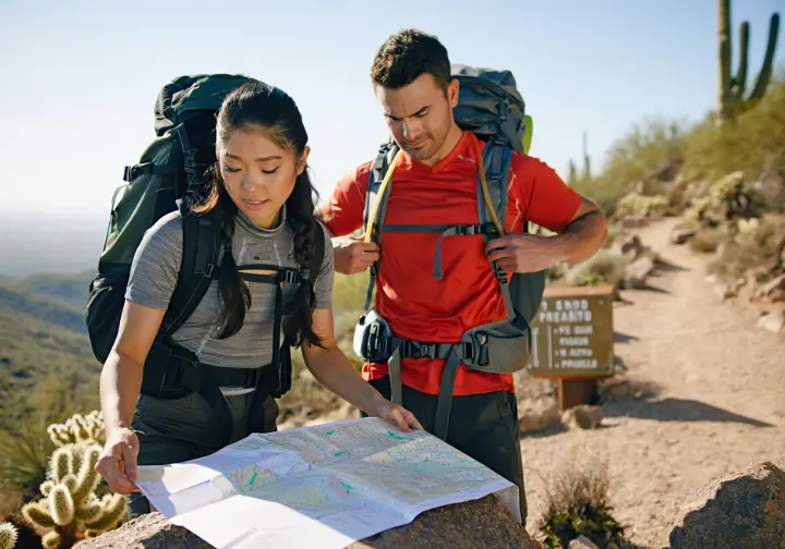 Two diverse hikers checking their map and gear at a trailhead, preparing for a hike in Phoenix.