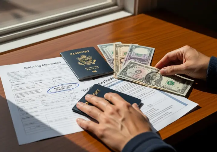 Hands organizing a pre-trek financial foundation, including a passport, travel insurance, currency, and a budgeting worksheet on a desk.