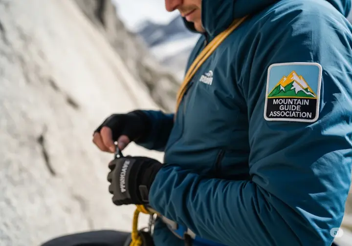 Close-up on the arm of a mountain guide's jacket, showing a professional certification patch, as they check their climbing gear.
