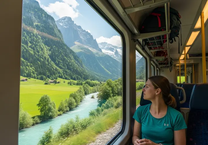 View of a spectacular mountain valley in the Swiss Alps from a train window, illustrating the scenic and experiential benefits of hiking Europe's parks car-free.