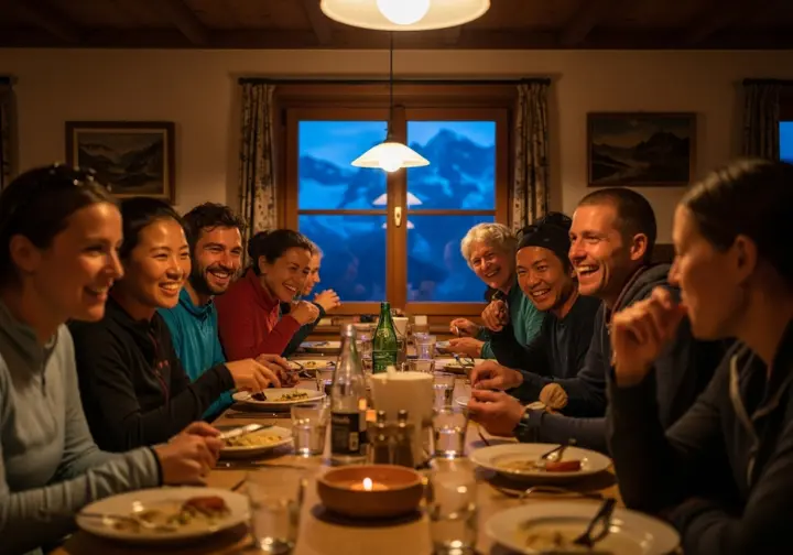A diverse group of hikers enjoys a communal dinner and conversation inside the warm, rustic dining room of a Swiss mountain hut.