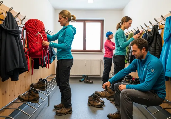 Hikers in a designated gear room of a mountain hut, respectfully storing their boots and backpacks, illustrating the universal code of gear management.