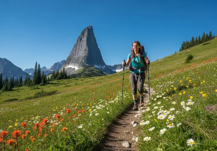 A hiker on the classic Garibaldi itinerary, walking through Taylor Meadows with the iconic Black Tusk visible in the background under a clear sky.