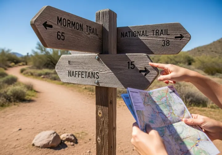 A hiker comparing trails on a signpost, representing a guide to the best hikes in Phoenix.