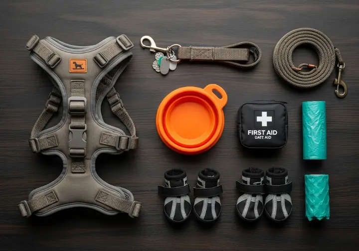 A complete system of essential gear for hiking with a dog, including a harness, leash, booties, and first-aid kit, arranged in a neat flat lay.