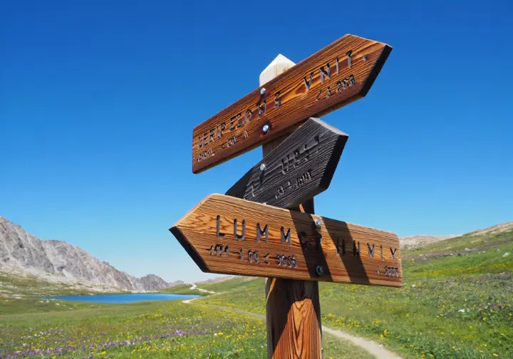 A trail sign at a fork in a California mountain path points to different routes, symbolizing finding the perfect trail for every adventurer.