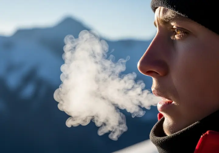 A close-up of a hiker's breath condensing in the cold mountain air, illustrating the science and physiological process behind why altitude sickness happens.