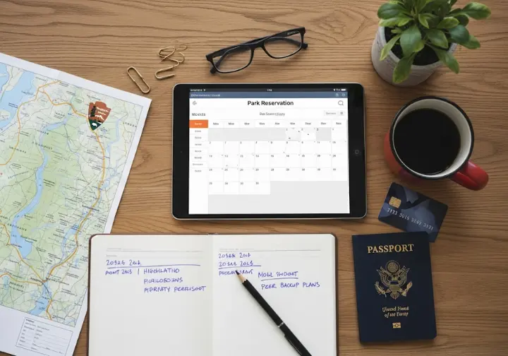 A flat lay of hiking trip planning tools, including a map, notebook, and a tablet on a booking website, showing how hikers can deconstruct any reservation system.