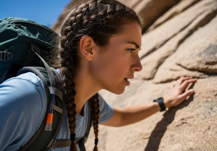 A close-up view of a hiker's face showing intense effort and sweat while climbing a steep trail, illustrating the science behind trail stress and the body's fight or flight response.