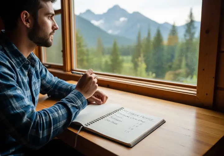 A hiker thoughtfully fills out a personal hiker profile in a journal to personalize trail data for an upcoming trip.
