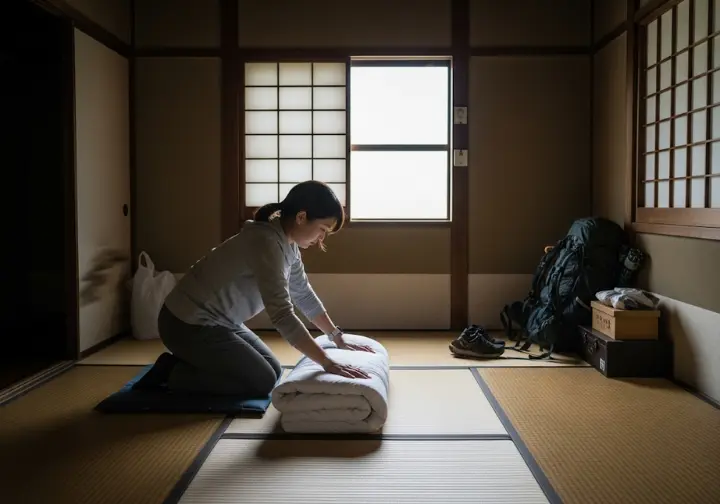 A hiker meticulously organizes their sleeping space on a tatami mat floor inside a Japanese yamagoya, highlighting the cultural differences in mountain hut etiquette.