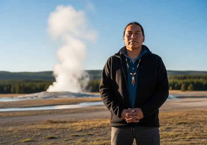 A modern Indigenous man stands calmly and respectfully in Yellowstone with a geyser in the background, challenging the myth that Native peoples feared the landscape.