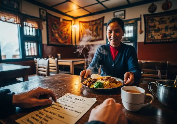 A trekker's view of a teahouse owner serving a plate of Dal Bhat, illustrating a key on-trail expenditure in Nepal.