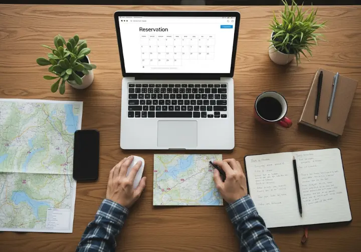 A hiker's desk with a laptop open to a reservation website, a park map, and a smartphone, representing the strategic planning needed to navigate park access systems.