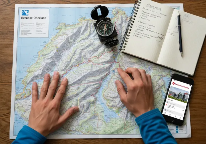 A hiker's hands carefully plan a route on a topographic map of the Swiss Alps, surrounded by a compass, notebook, and a phone with a trail app.