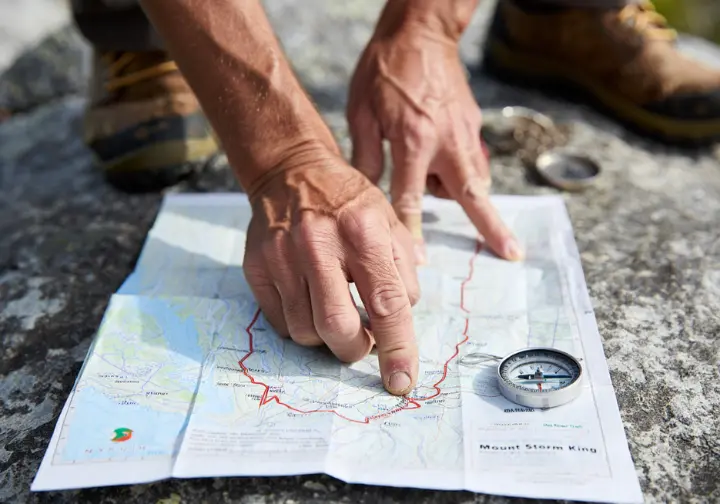 A hiker's hands trace a route on a topographic map of premier trails in Olympic National Park, with a compass nearby.
