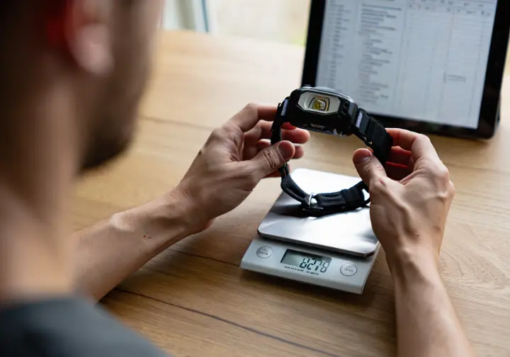A hiker uses a digital scale to weigh a headlamp, a key step in the strategic framework for reducing backpacking gear weight.