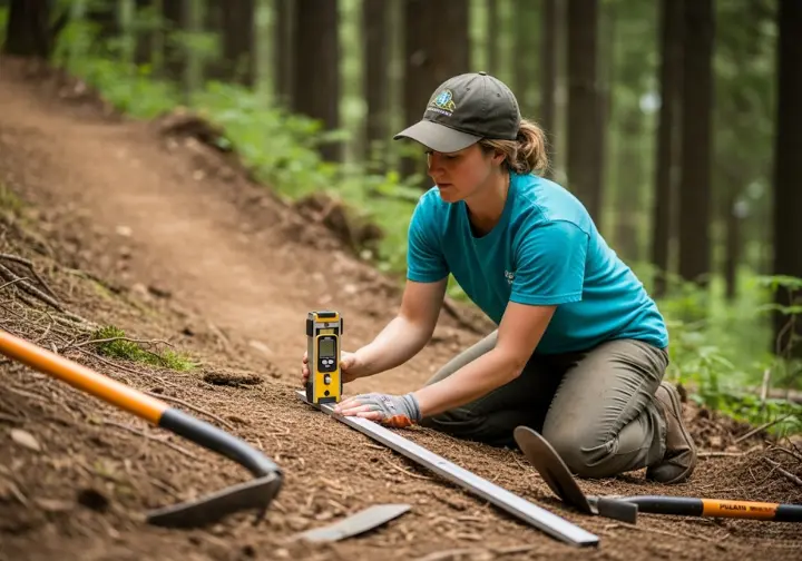 A professional trail builder uses a clinometer to measure the grade of a new trail, illustrating the blueprint for building a resilient, sustainable path.