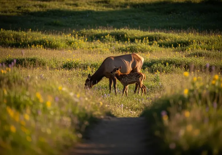 A mother elk and her calf graze peacefully in a mountain meadow, an example of sensitive wildlife that requires trail closures for protection.