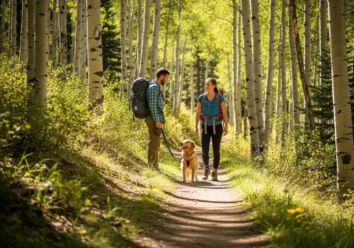 A responsible hiker practices trail etiquette by having his leashed Golden Retriever sit calmly to the side as another hiker passes on a forest path.