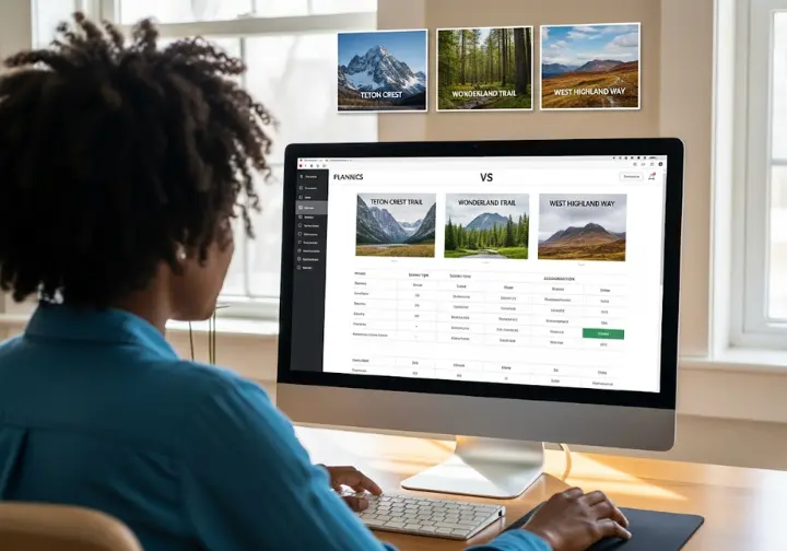 A person at a desk applies a data-driven framework, comparing the Teton Crest, Wonderland, and West Highland Way trails on a computer screen.