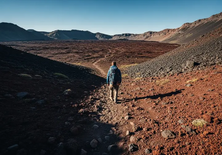 A backpacker hikes through the solitary, volcanic landscape of the Cinder Flats, undertaking the advanced traverse beyond Rubble Creek in Garibaldi Park.