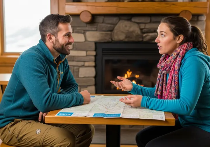 A mountain guide and a client have a pre-trip discussion over a map in a mountain lodge, assessing compatibility and trip details.