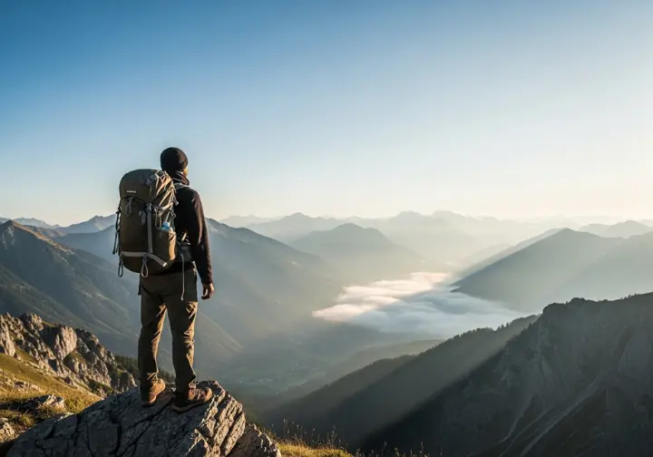 A lone hiker stands on a mountain summit above the clouds at sunrise, representing finding solitude through advanced crowd-avoidance strategies.