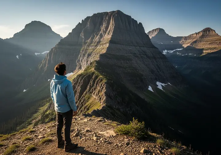 A hiker on the Highline Trail looks up at the dramatic peaks of Glacier National Park, known to the Blackfeet as the "Backbone of the World."